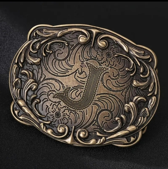 Western Initial “J” Belt Buckle – Monogram Floral Scroll – Cowboy Cowgirl